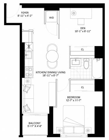 Floor plan for 1 bed, 2 baths, 633 sqft